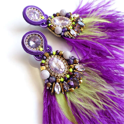 Purple feather earrings with jasper, amethyst, zircon 450 PurpleBird