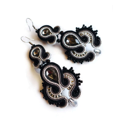 Black silver soutache earrings with crystals 153 BlackSilver
