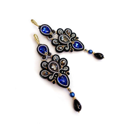 Black and blue soutache earrings with crystals 309 Levi