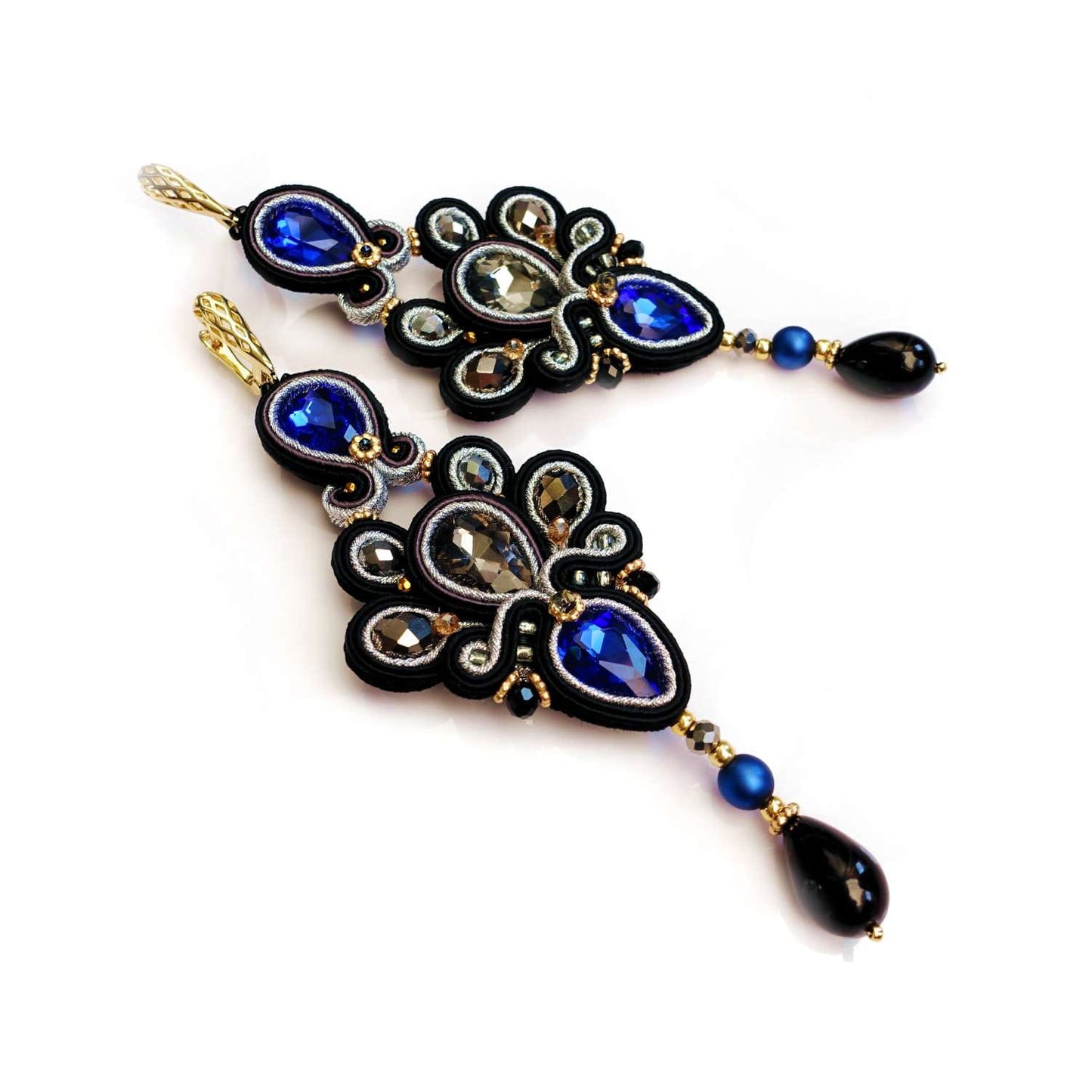 Black and blue soutache earrings with crystals 309 Levi