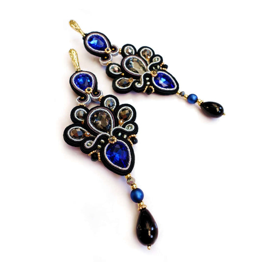 Pendientes de soutache negro y azul con cristales 309 Levi