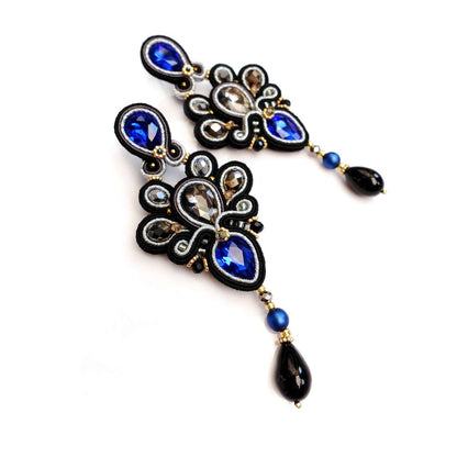 Pendientes de soutache negro y azul con cristales 309 Levi II