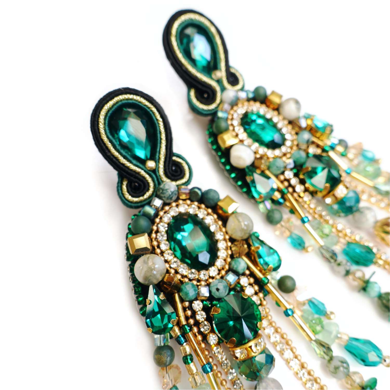 Green earrings with natural stones and flowers 411 Emerald II