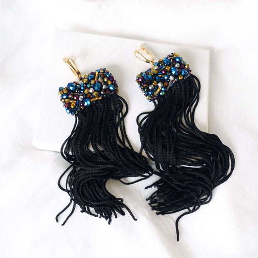 Black long tassel earrings 507 BlackNebula
