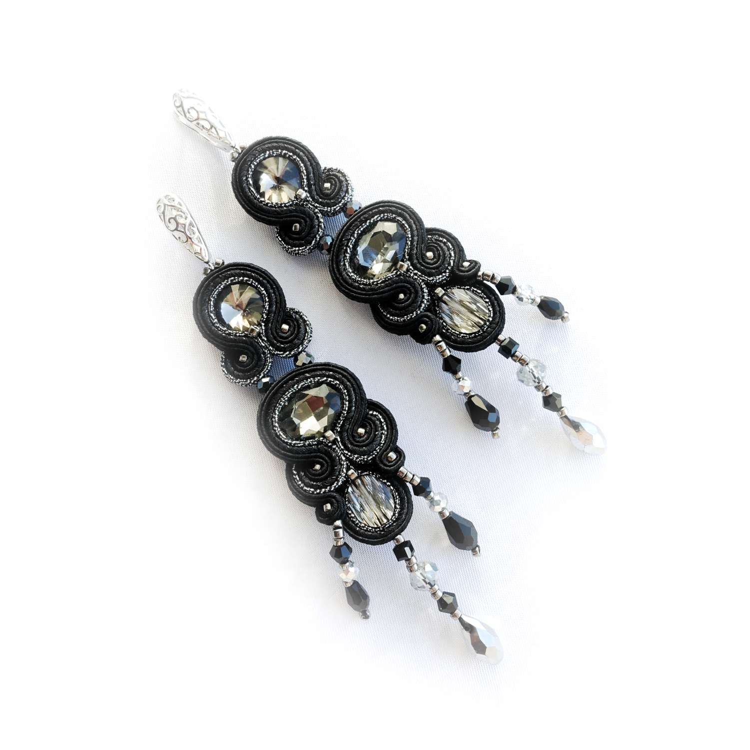 Black and silver soutache earrings 201 BlackHematite