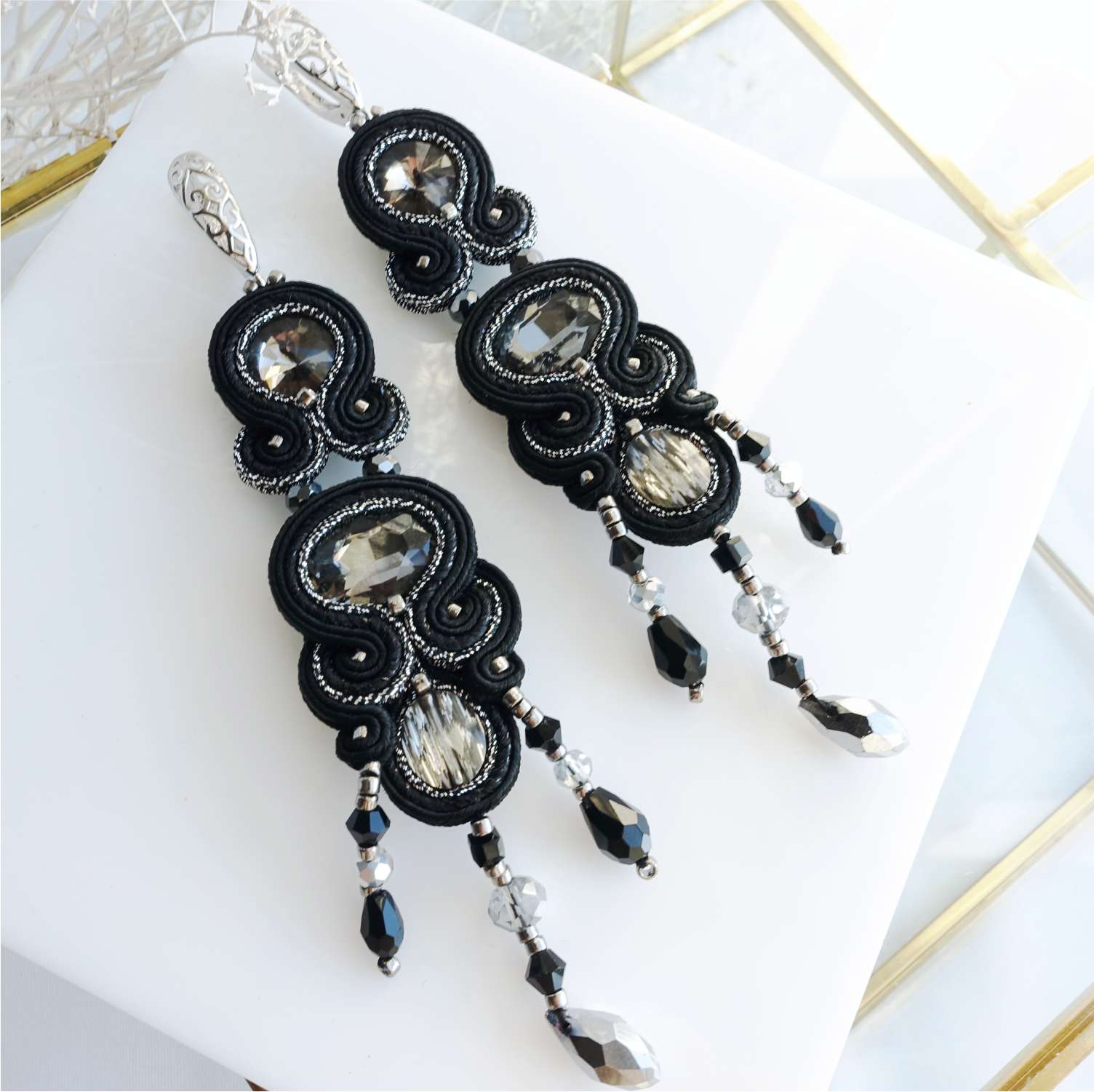 Black and silver soutache earrings 201 BlackHematite