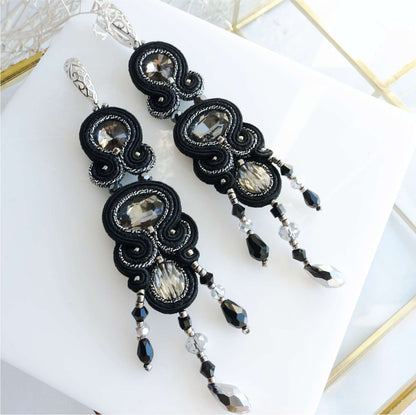 Black and silver soutache earrings 201 BlackHematite