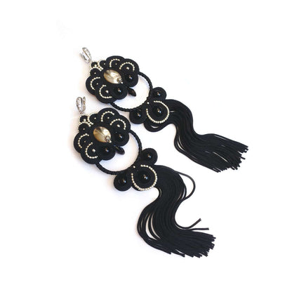 Black long soutache earrings with tassels 141 Momments