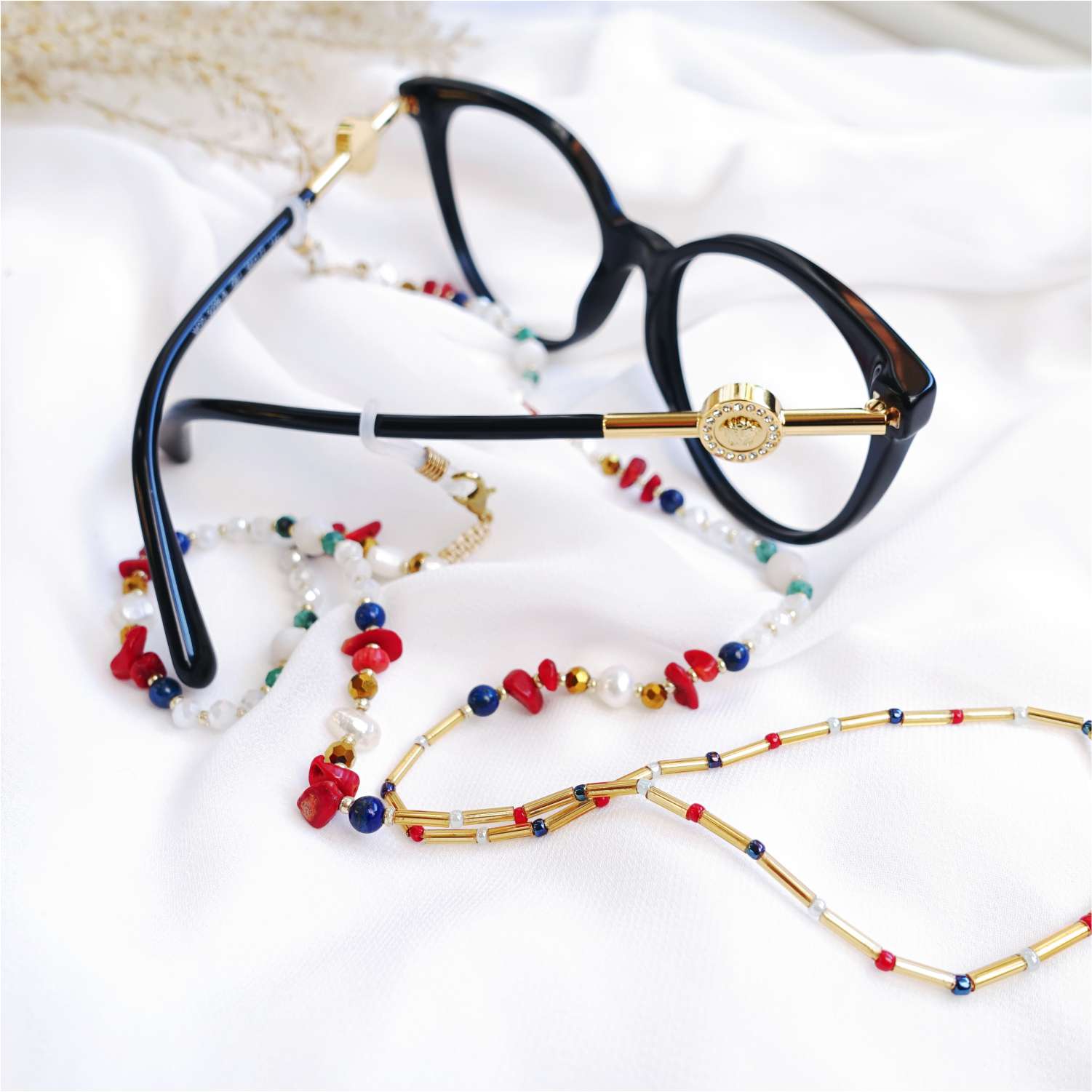 Glasses chain colored coral, lapis lazuli, jade, natural pearl, LadyMarine EGC512