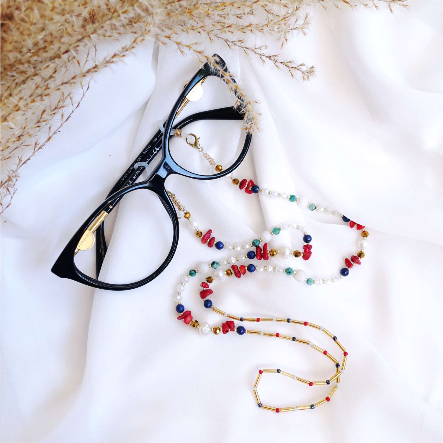 Glasses chain colored coral, lapis lazuli, jade, natural pearl, LadyMarine EGC512