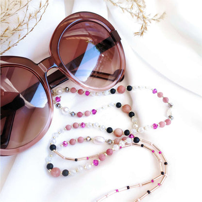 Pink glasses chain with natural stones onyx, rhodonite, agate, LadyPink EGC516