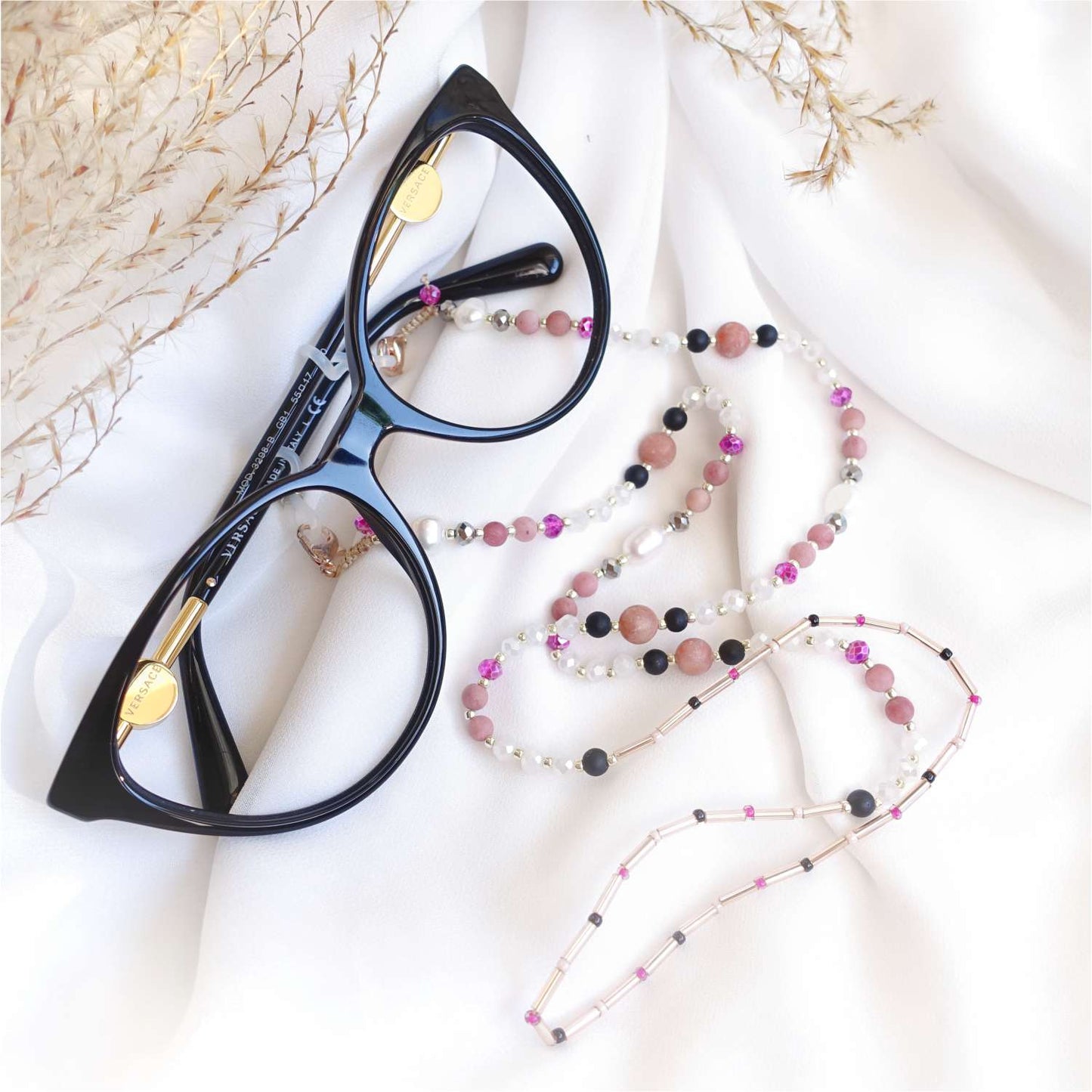 Pink glasses chain with natural stones onyx, rhodonite, agate, LadyPink EGC516