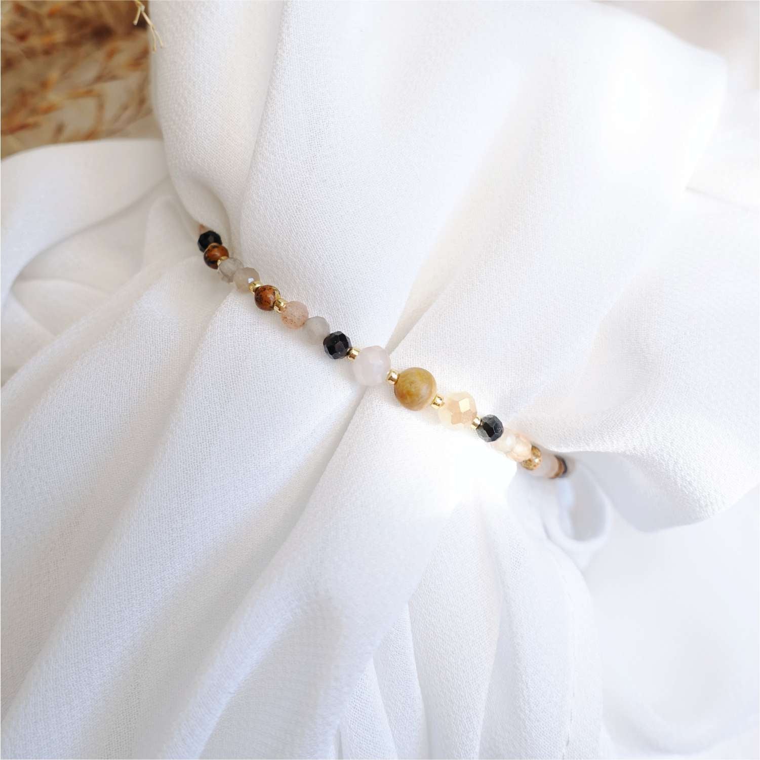 Pulsera marrón con piedras naturales jaspe jadeíta ágata piedra lunar, TD9320
