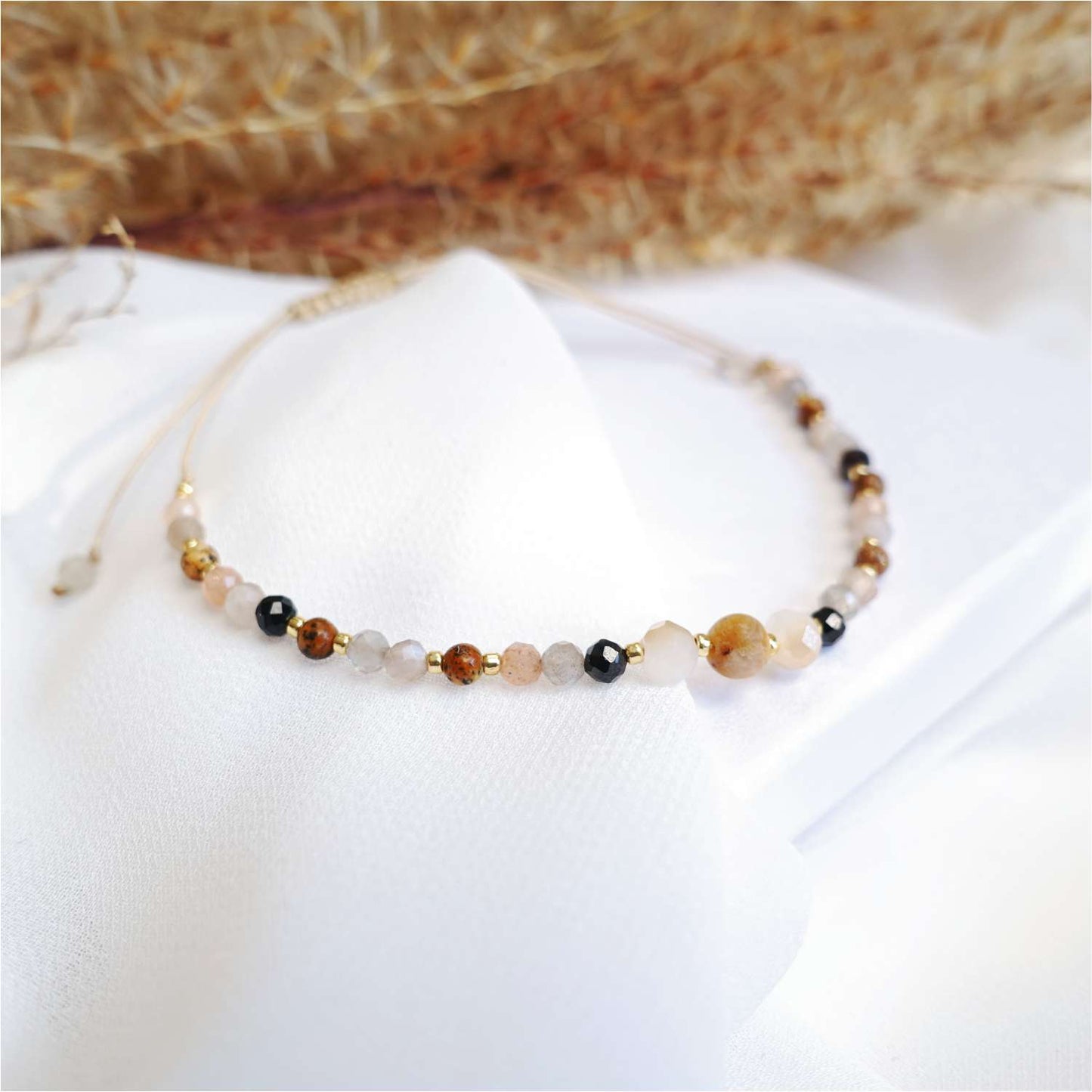 Pulsera marrón con piedras naturales jaspe jadeíta ágata piedra lunar, TD9320