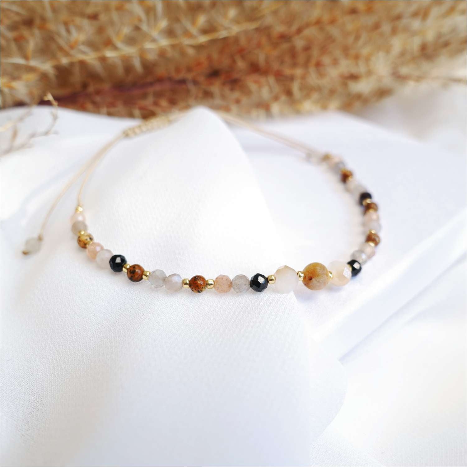 Pulsera marrón con piedras naturales jaspe jadeíta ágata piedra lunar, TD9320