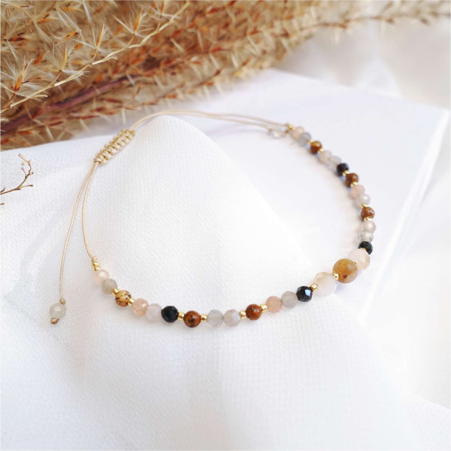Pulsera marrón con piedras naturales jaspe jadeíta ágata piedra lunar, TD9320