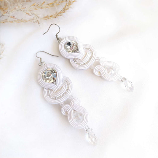 White wedding earrings soutache with crystals 115 Bridal