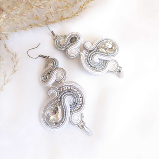 White Soutache Wedding Earrings with Crystals 122 Bridal