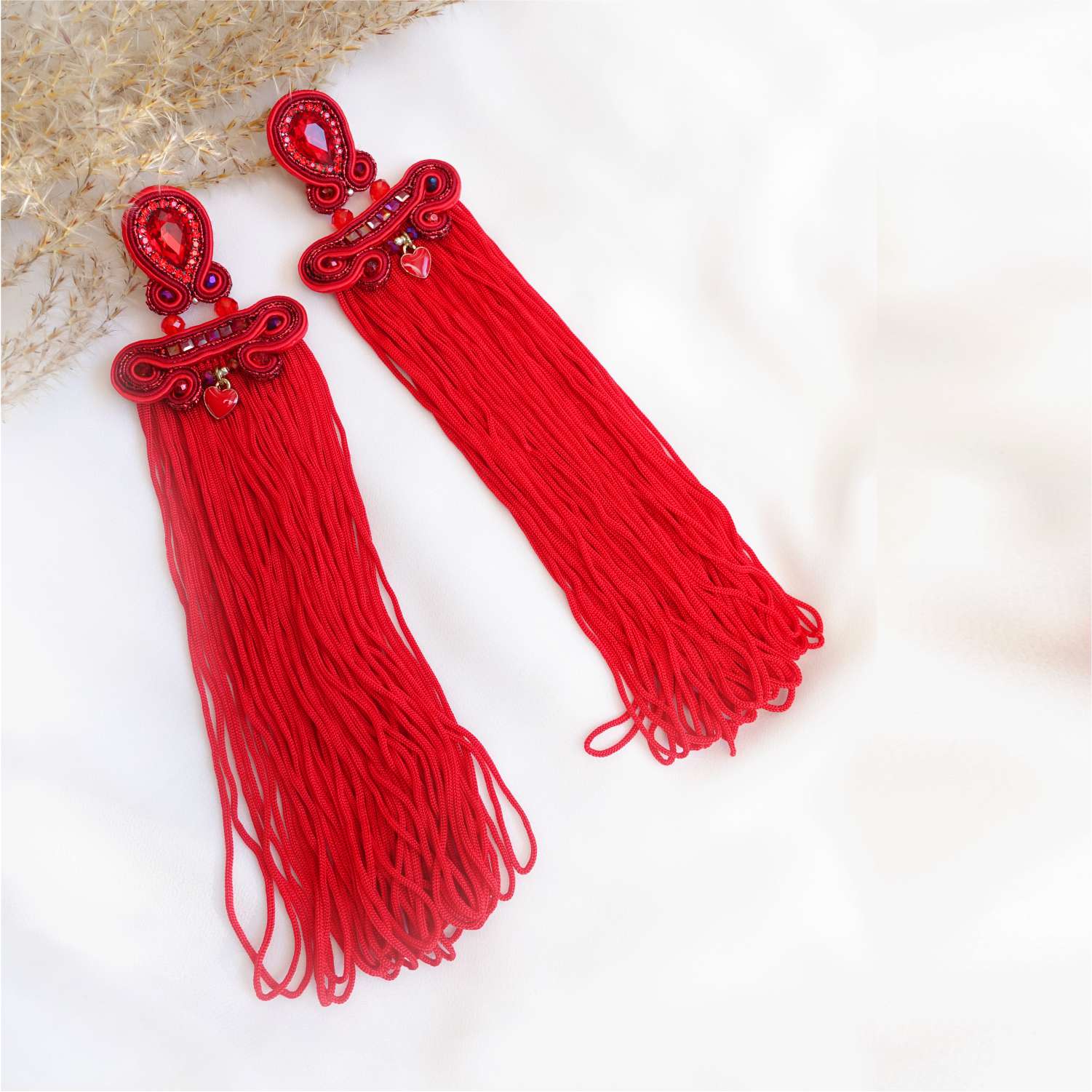 Long red soutache earrings with fringes 304 Poem Red