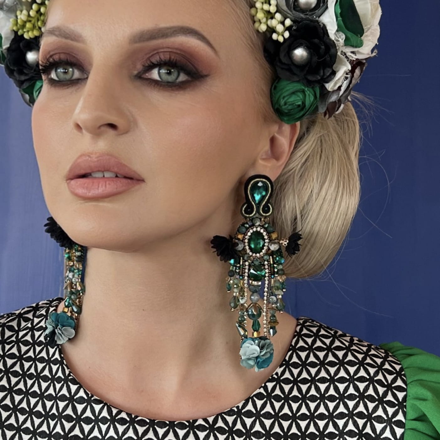 Green earrings with natural stones and flowers 411 Emerald II