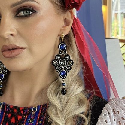 Pendientes de soutache negro y azul con cristales 309 Levi II