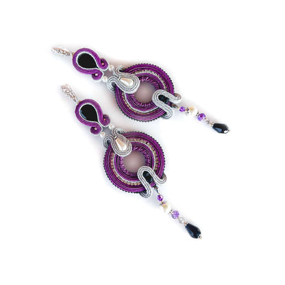 Violet soutache earrings with pearls and crystals, 301 VioletSilver