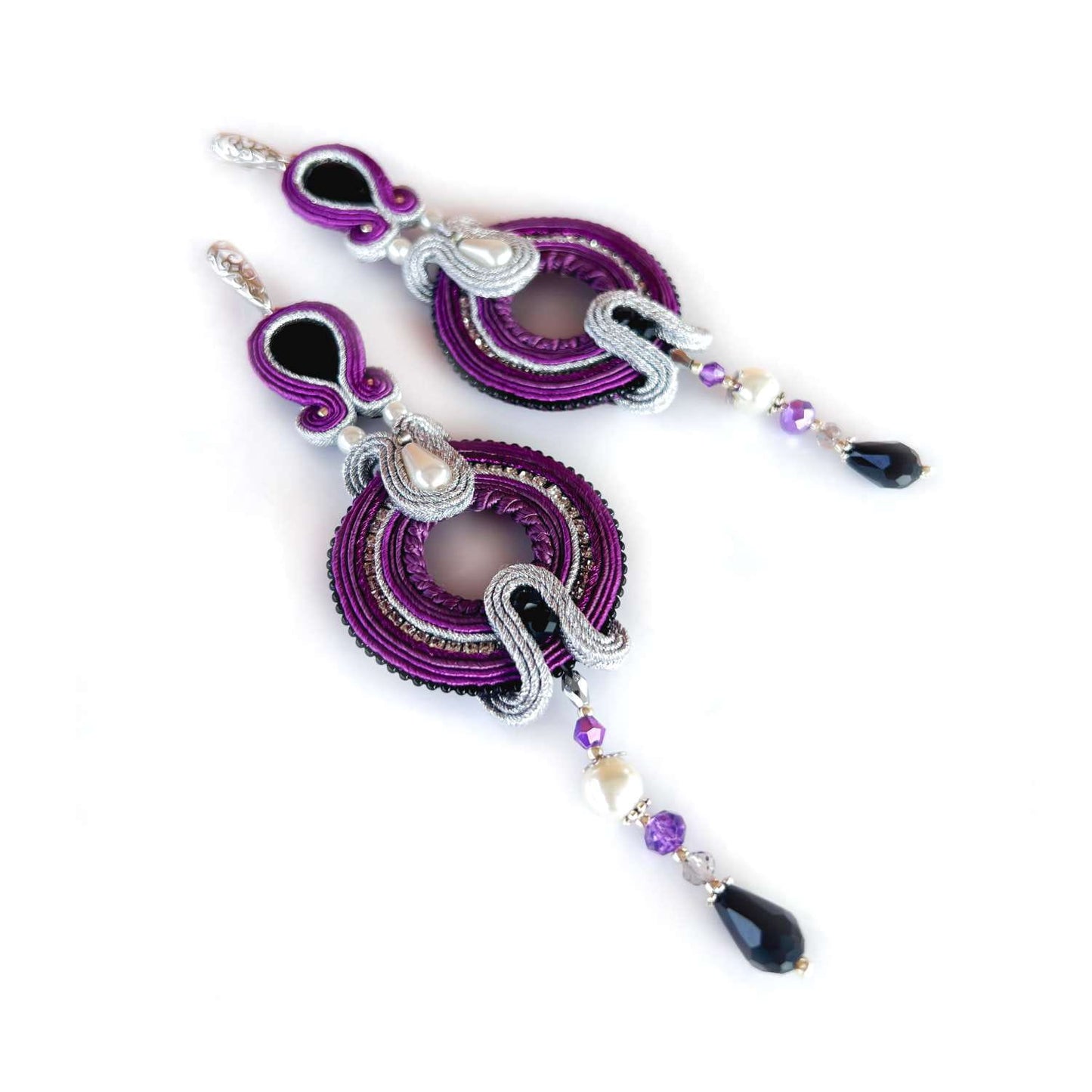 Violet soutache earrings with pearls and crystals, 301 VioletSilver