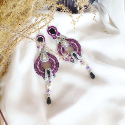 Violet soutache earrings with pearls and crystals, 301 VioletSilver