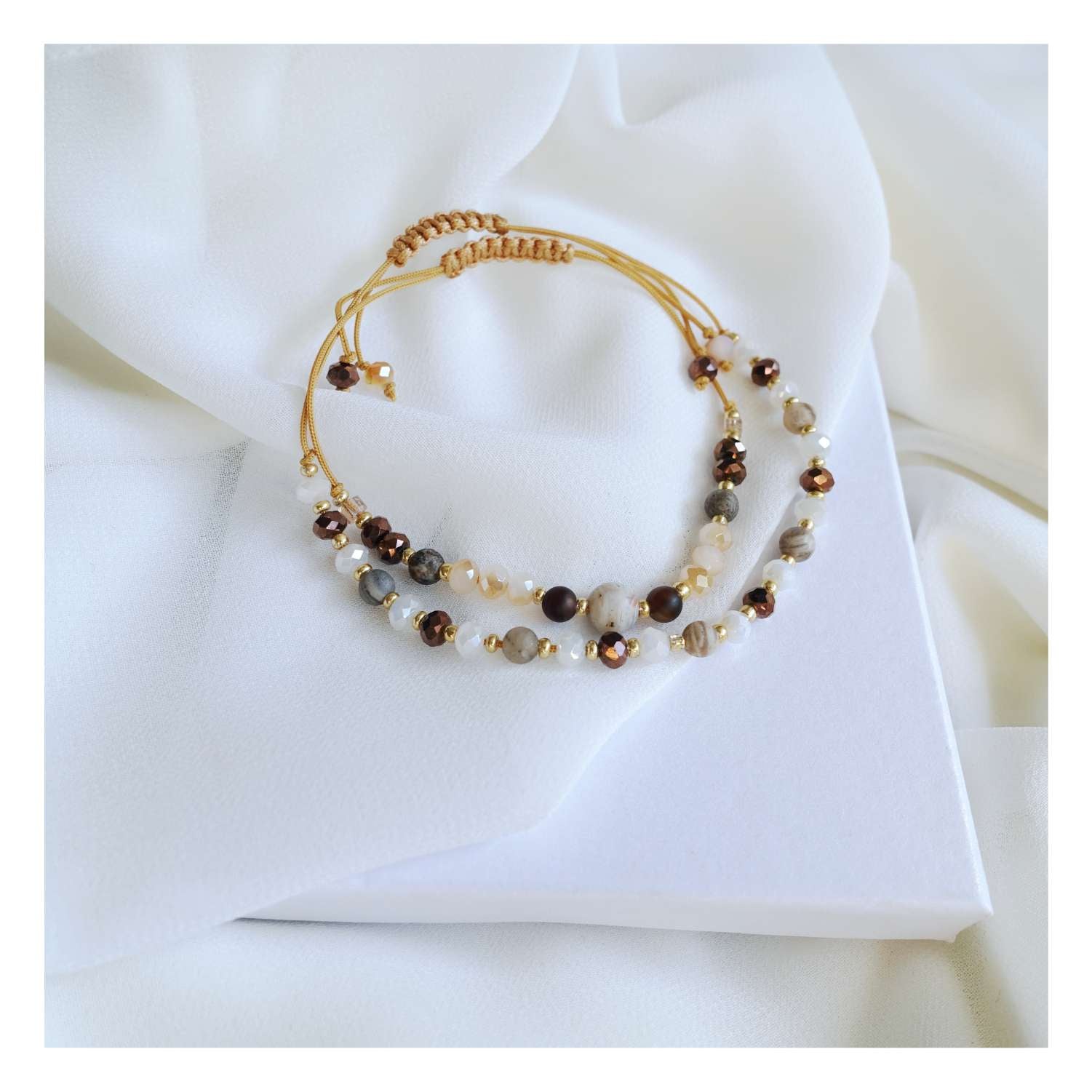 Brown string bracelets with natural stones agate tourmaline, TD9251a