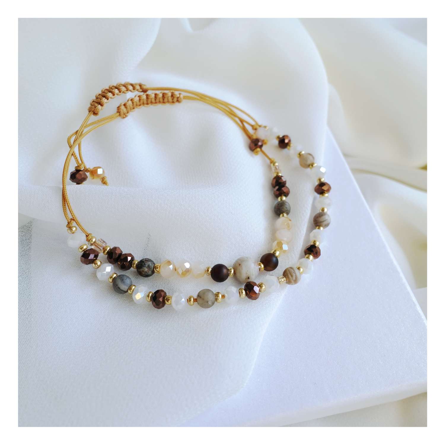 Brown string bracelets with natural stones agate tourmaline, TD9251a