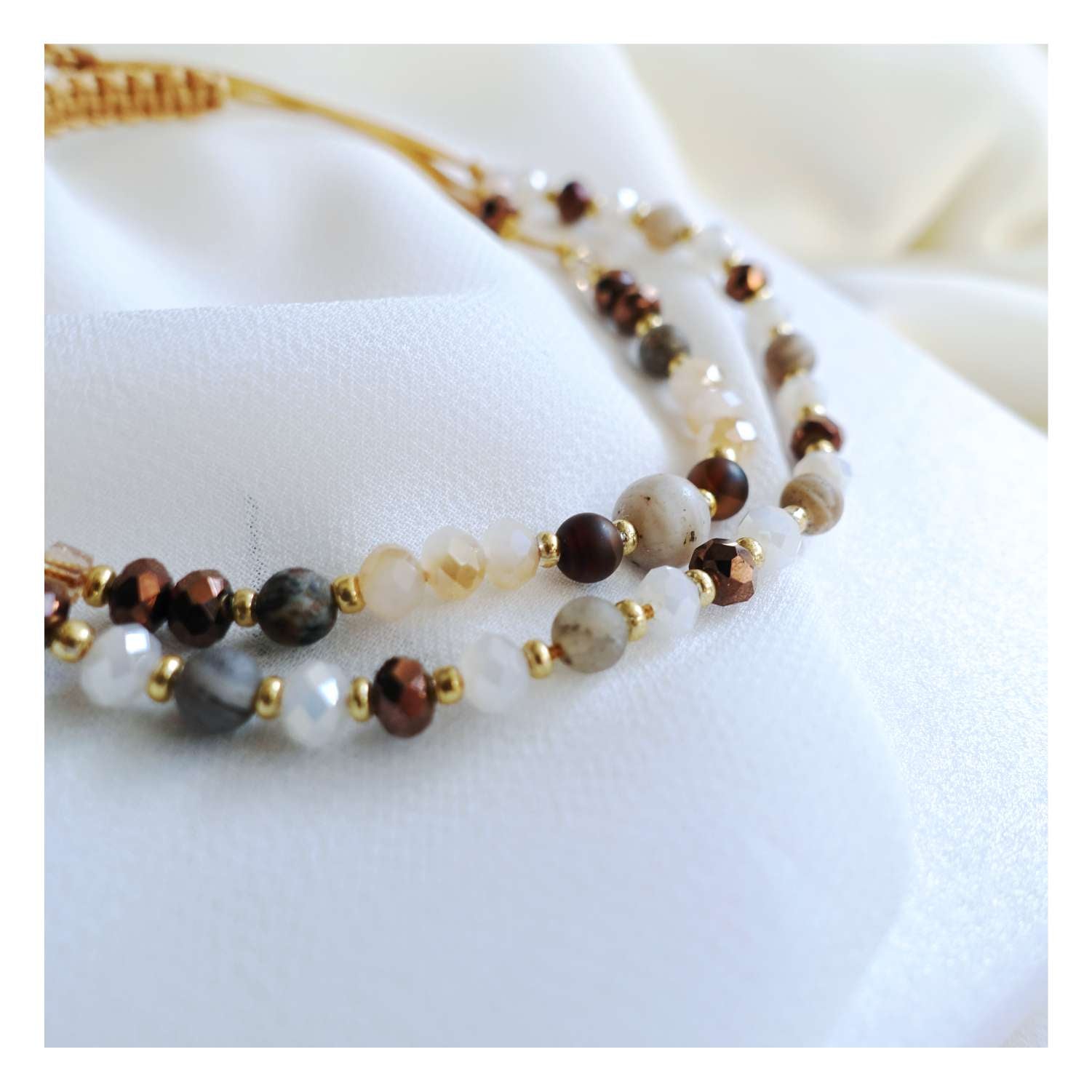 Brown string bracelets with natural stones agate tourmaline, TD9251a