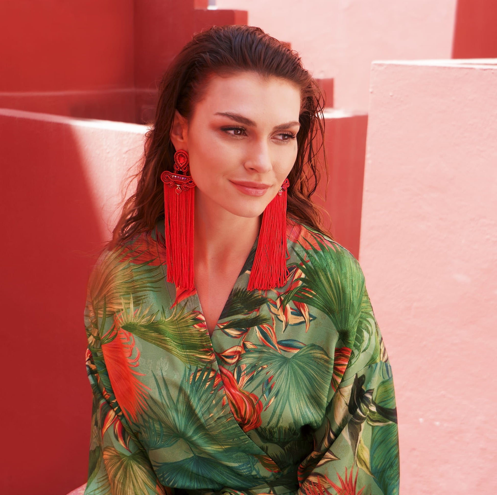 Long red soutache earrings with fringes 304 Poem Red