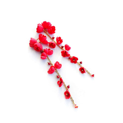 Red flower earrings on a gold chain 867 Red Lily of the Valley
