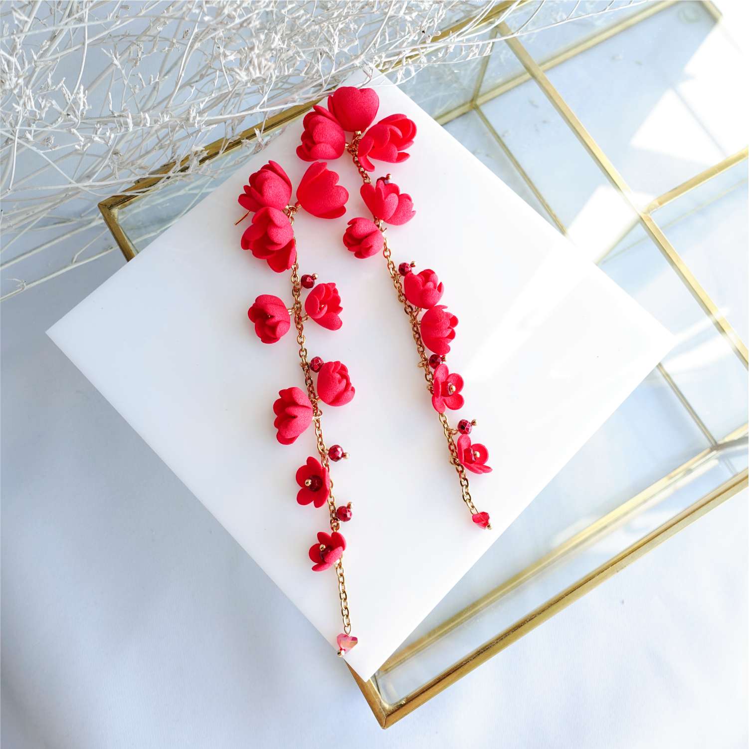 Red flower earrings on a gold chain 867 Red Lily of the Valley