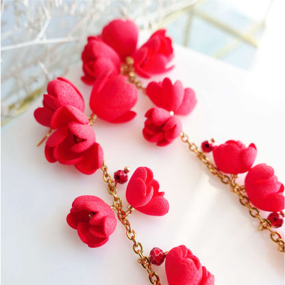 Red flower earrings on a gold chain 867 Red Lily of the Valley
