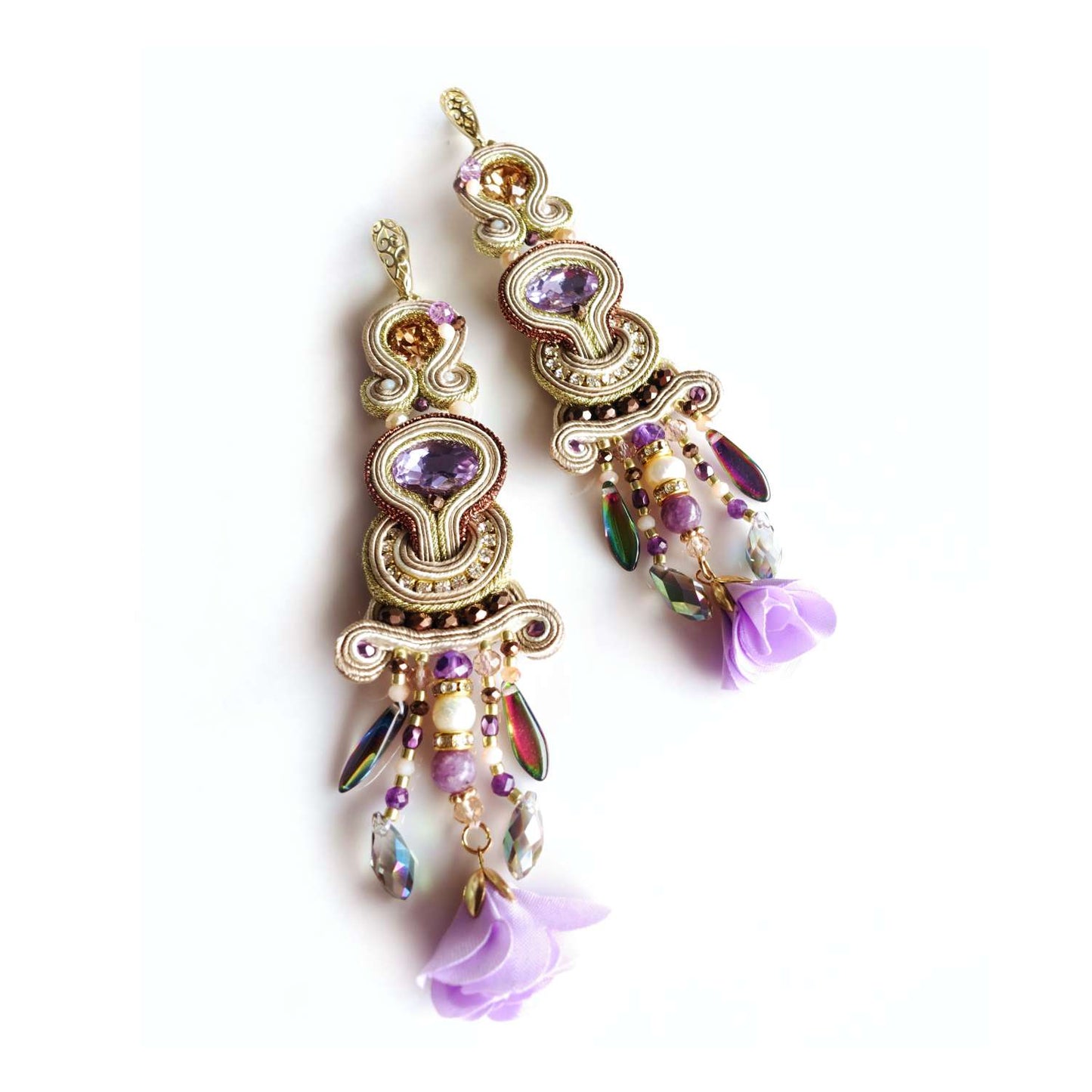 Purple beige soutache earrings with fringes 117 Dubai Purple
