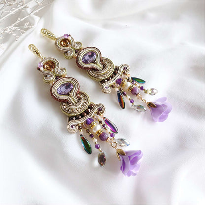Purple beige soutache earrings with fringes 117 Dubai Purple