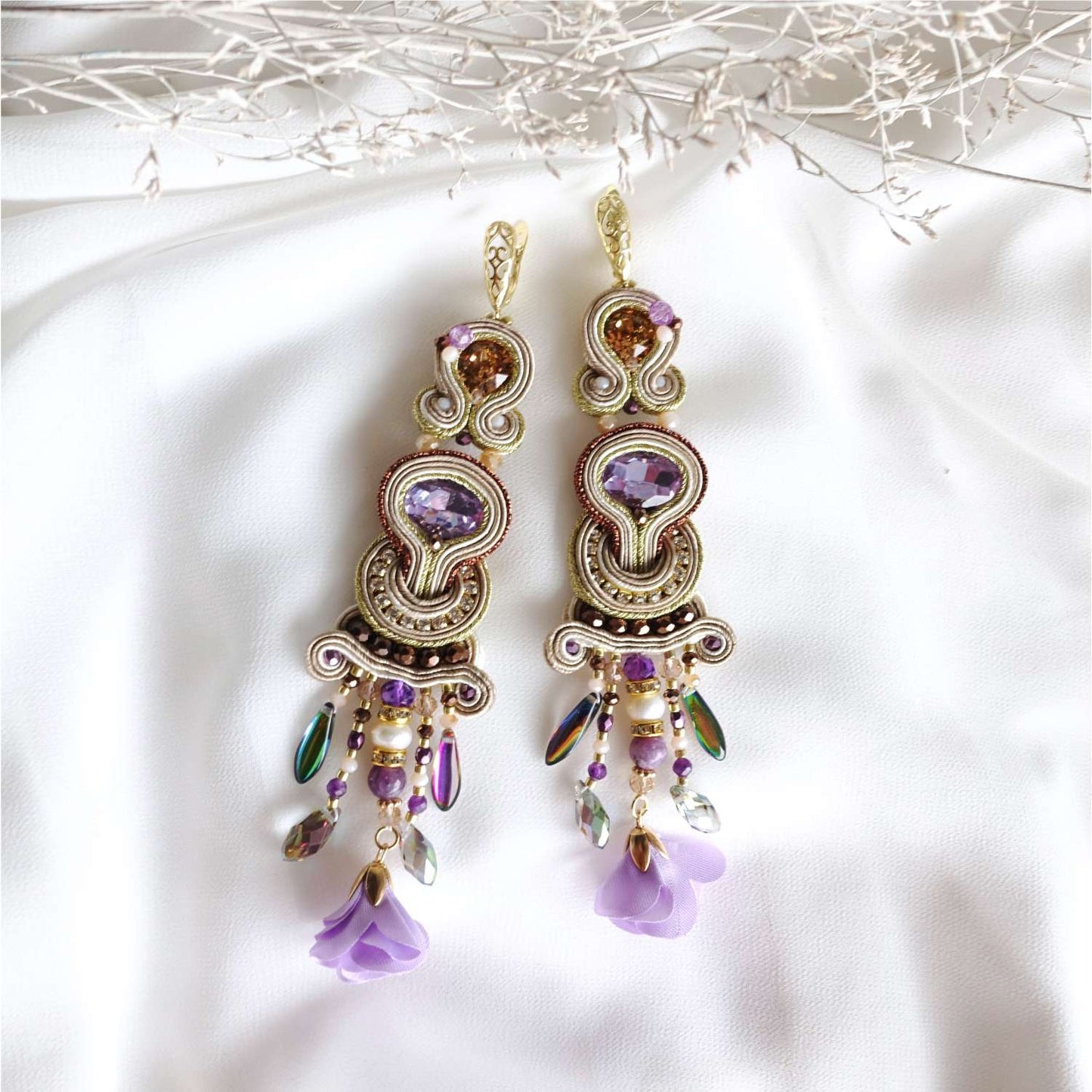Purple beige soutache earrings with fringes 117 Dubai Purple