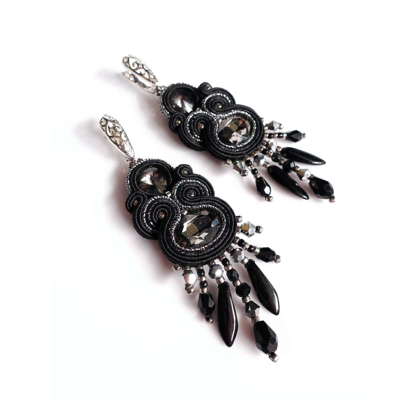 Czarno srebrne kolczyki sutasz z kryształami 407 BlackSilver