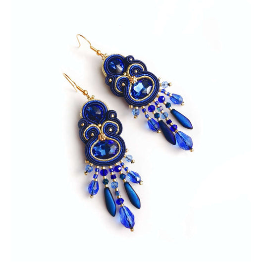 Pendientes de soutache azul y dorado con cristales 407 Oro Azul