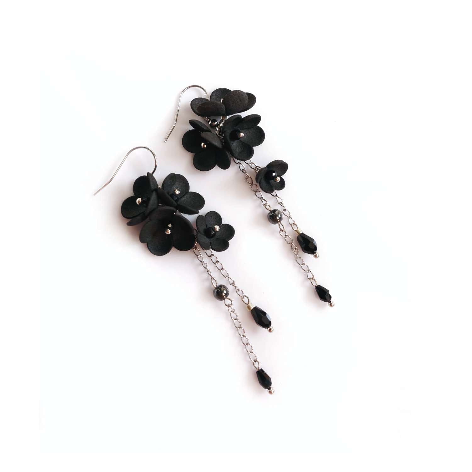 Czarno srebrne kolczyki kwiaty, Black Silver Daisy DK850