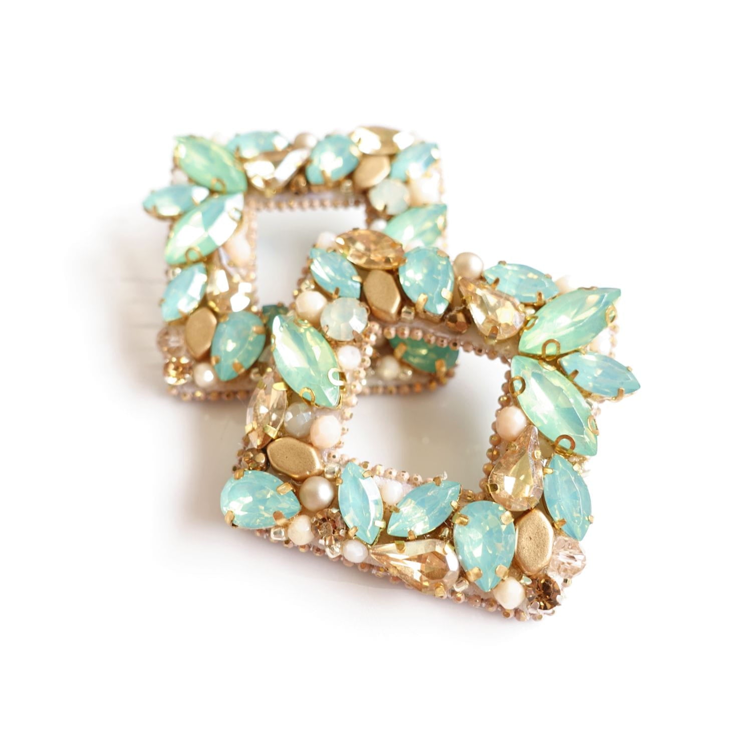 Mint green square earrings with crystals 421 Green Square