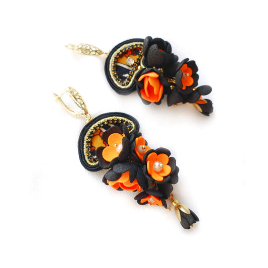 Orange and black flower earrings with highlander scarf - 429 OrangeBlack Eye