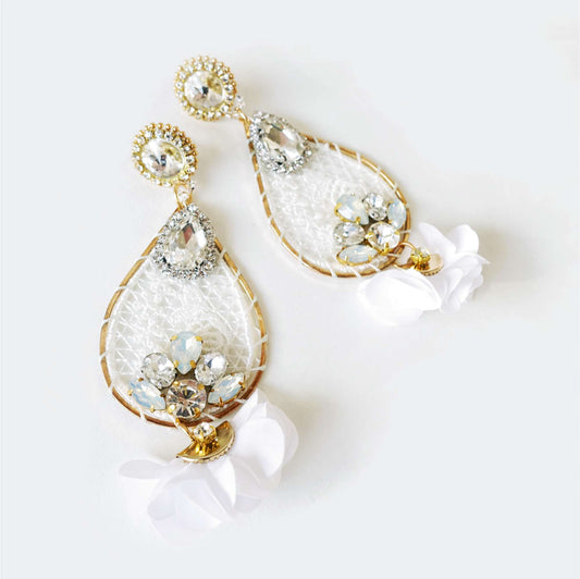 White Gold Wedding Earrings on Lace with Crystals 508 Snow Dream Catcher