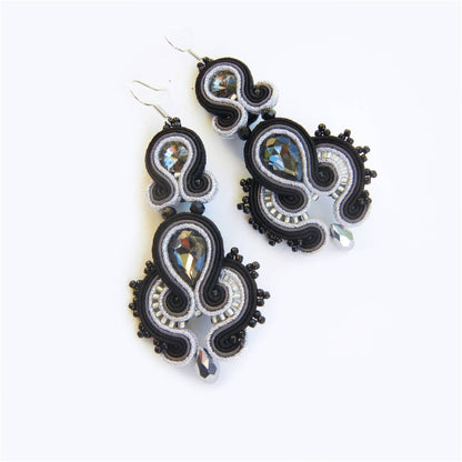 Black silver soutache earrings with crystals 153 BlackSilver
