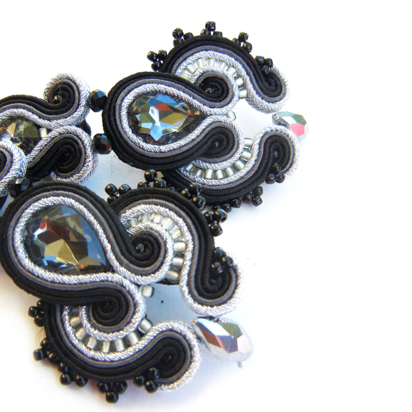Black silver soutache earrings with crystals 153 BlackSilver