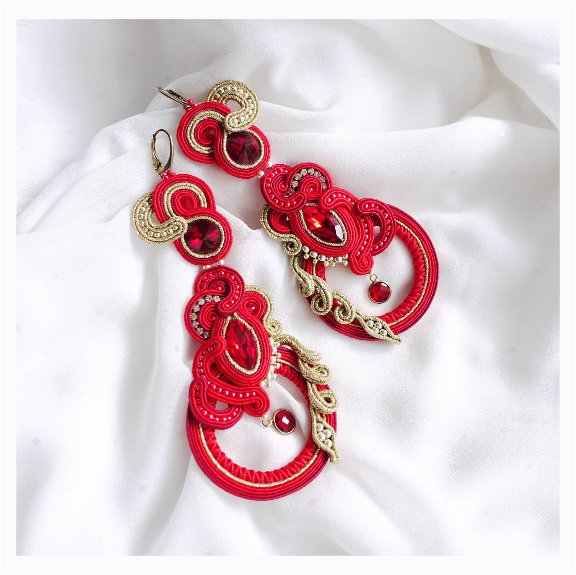 Red long soutache earrings hoops 160 Dragon