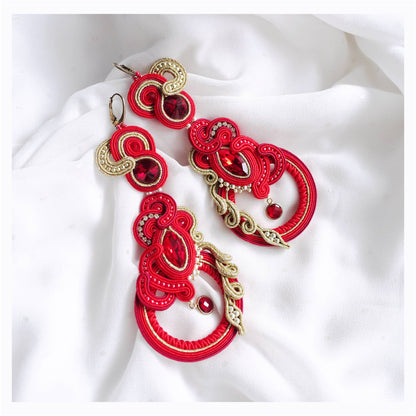 Red long soutache earrings hoops 160 Dragon