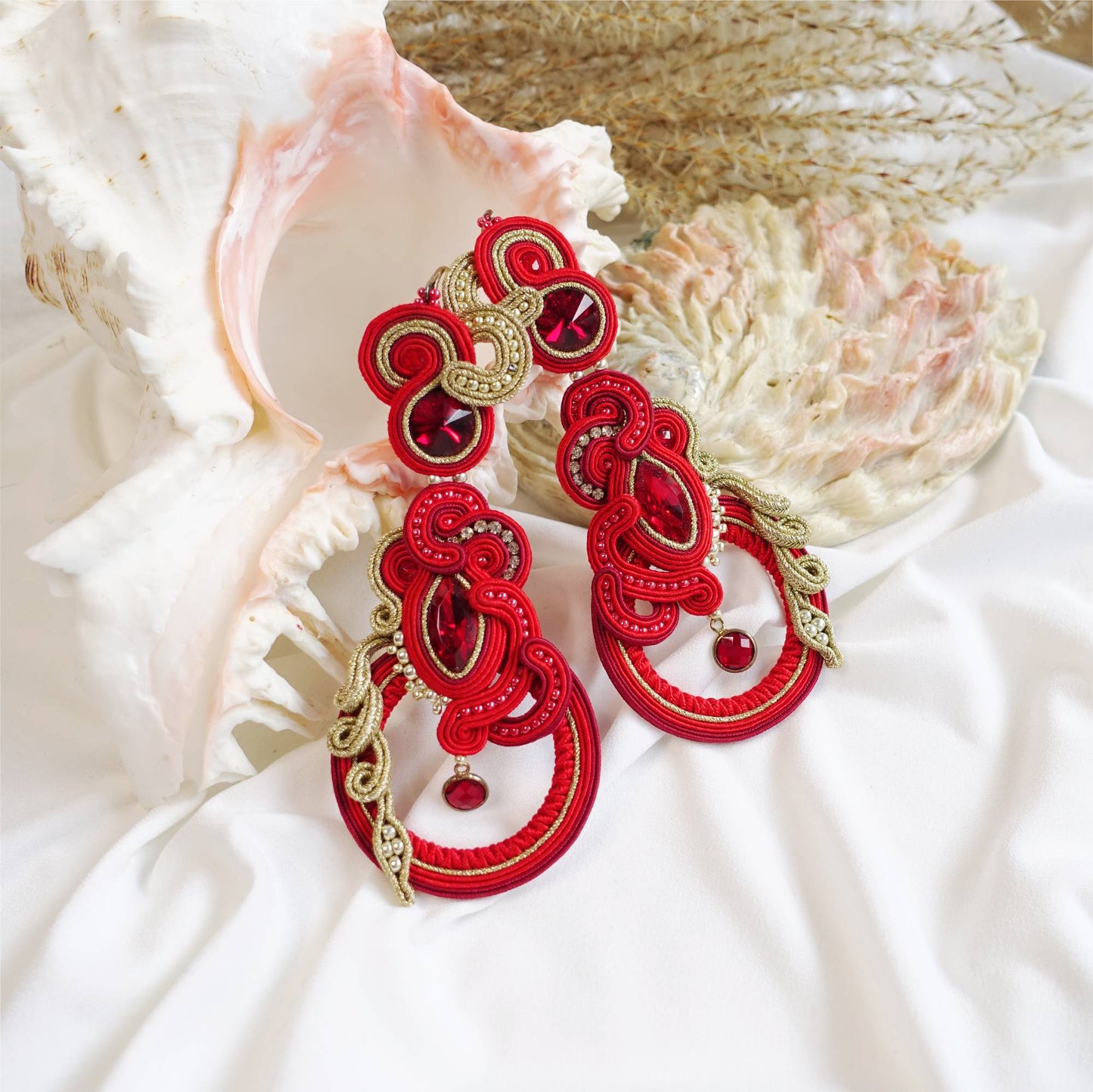 Red long soutache earrings hoops 160 Dragon