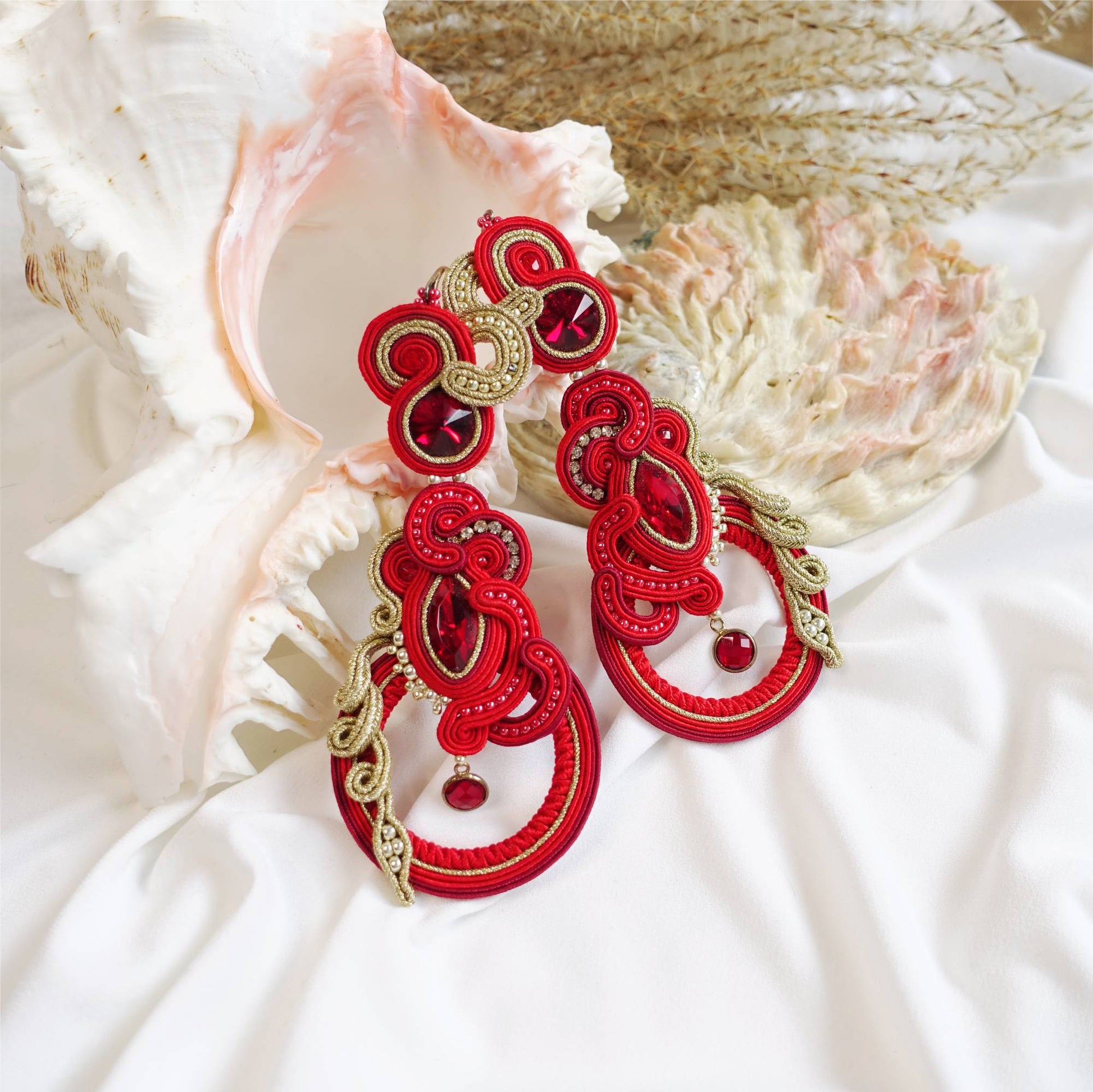 Red long soutache earrings hoops 160 Dragon